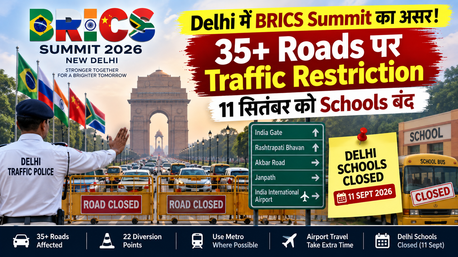 BRICS Summit Delhi Traffic 2026 35 roads traffic restriction school holiday